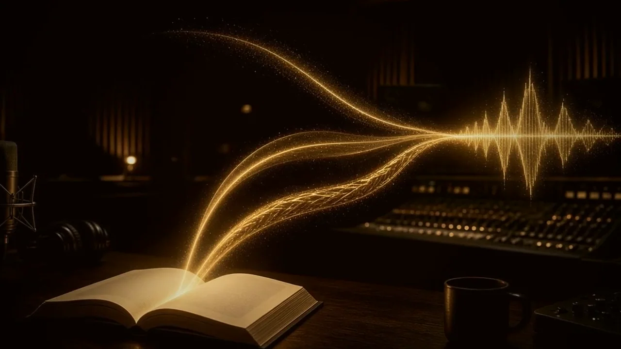 Cinematic still from the official HSP Author Tools trailer: an open book with flowing gold light